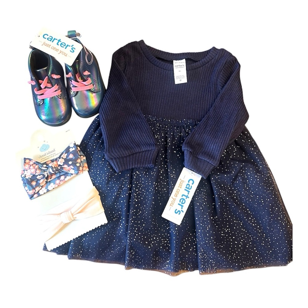 Infant Carter's Navy Sparkle Knit-Top Dress with matching Boots and Headbands!